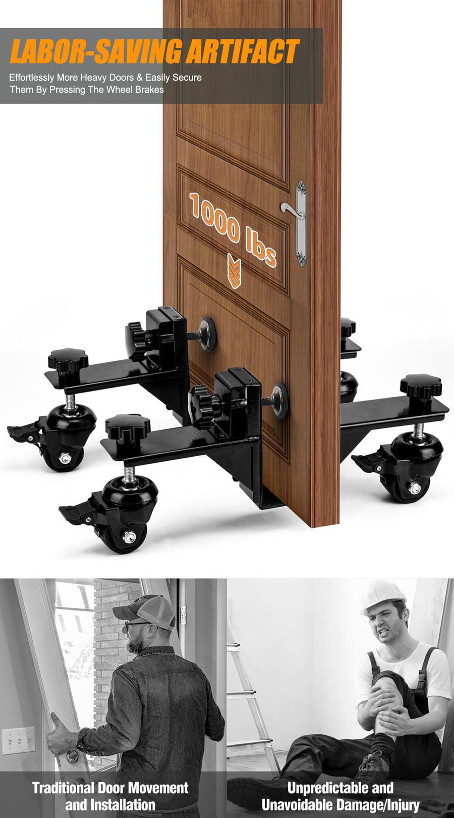 Adjustable Door Installation Roller Tool with 360° Swivel Brake Casters, U-Shaped Clamp for Heavy Wooden Door Lifting, Moving and Positioning During Indoor Setup (2PCS)