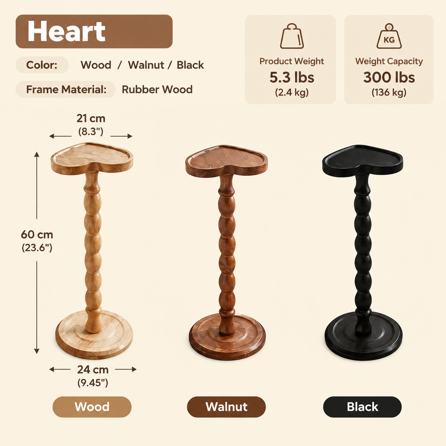 Solid Rubberwood Small Side Table with Heart Shape Top and Raised Edge, Compact End Table for Sofa, Bedside, and Small Spaces (Black)