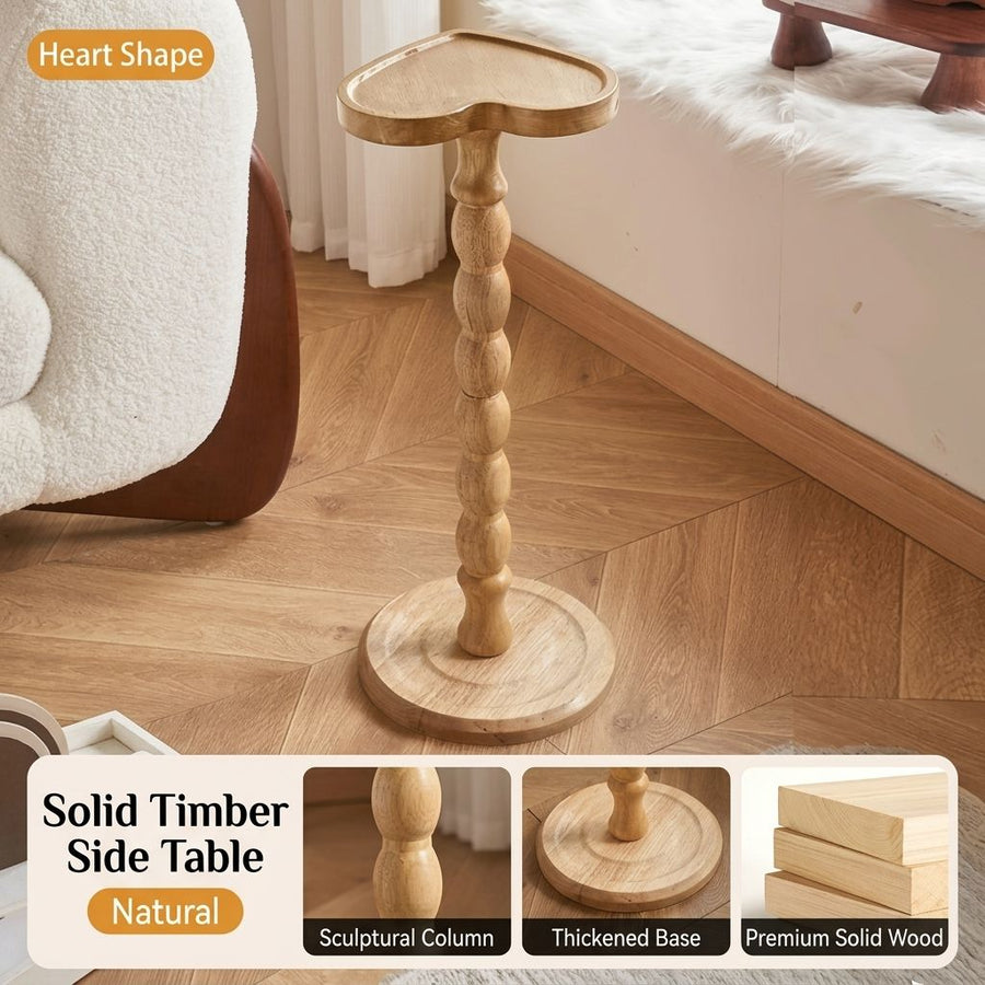 Solid Rubberwood Small Side Table with Heart Shape Top and Raised Edge, Compact End Table for Sofa, Bedside, and Small Spaces (Natural)
