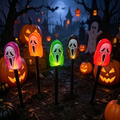 Halloween Solar Ground Stake Lights, 5-Pack Screaming Ghost Face Pathway Lights, IP65 Waterproof Auto On/Off for Lawn Yard Walkway, Spooky Outdoor Garden Decor with 5 Eerie Colors (3Sets, Black Tube)