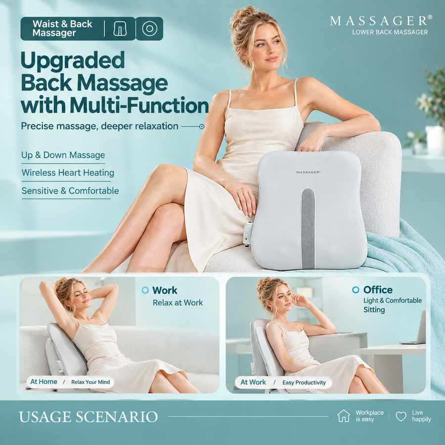 Wireless Multi-Zone Back and Lumbar Massager with Ergonomic Curved Design for Home Office Travel and Full-Body Muscle Relaxation (Cream White)