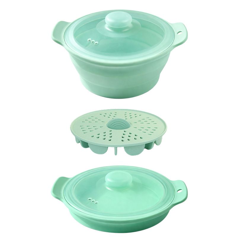 Foldable Food-Grade Silicone Steamer Pot with Lid and Steamer Rack – Space-Saving Collapsible Cookware for Microwave, Air Fryer, Camping, and Outdoor Meals, Available in Round and Rectangular Sizes (Rectangular Style, Beige)