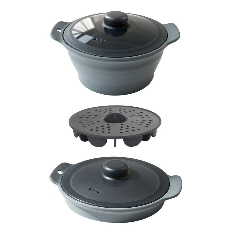 Foldable Food-Grade Silicone Steamer Pot with Lid and Steamer Rack – Space-Saving Collapsible Cookware for Microwave, Air Fryer, Camping, and Outdoor Meals, Available in Round and Rectangular Sizes (Rectangular Style, Beige)