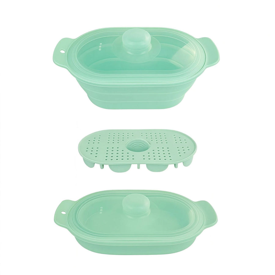 Foldable Food-Grade Silicone Steamer Pot with Lid and Steamer Rack – Space-Saving Collapsible Cookware for Microwave, Air Fryer, Camping, and Outdoor Meals, Available in Round and Rectangular Sizes (Rectangular Style, Beige)