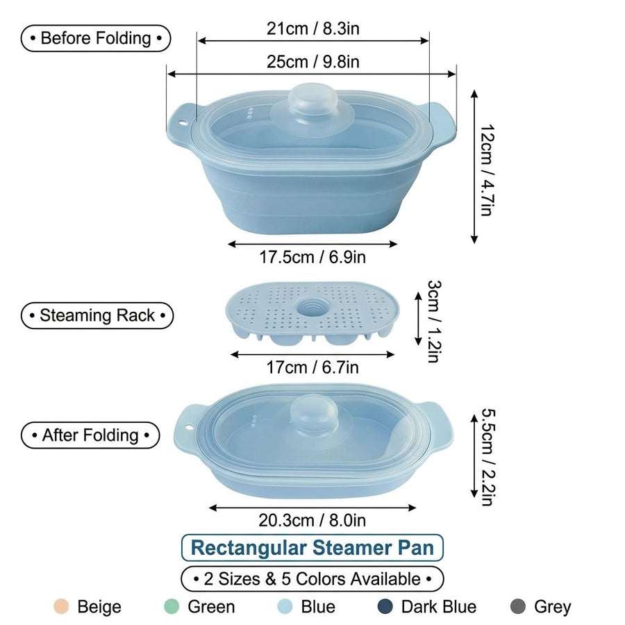Foldable Food-Grade Silicone Steamer Pot with Lid and Steamer Rack – Space-Saving Collapsible Cookware for Microwave, Air Fryer, Camping, and Outdoor Meals, Available in Round and Rectangular Sizes (Rectangular Style, Dark Blue)