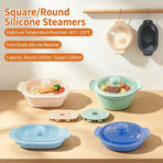 Foldable Food-Grade Silicone Steamer Pot with Lid and Steamer Rack – Space-Saving Collapsible Cookware for Microwave, Air Fryer, Camping, and Outdoor Meals, Available in Round and Rectangular Sizes (Rectangular Style, Dark Blue)