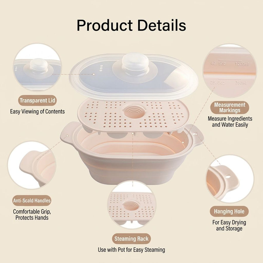 Foldable Food-Grade Silicone Steamer Pot with Lid and Steamer Rack – Space-Saving Collapsible Cookware for Microwave, Air Fryer, Camping, and Outdoor Meals, Available in Round and Rectangular Sizes (Rectangular Style, Dark Blue)