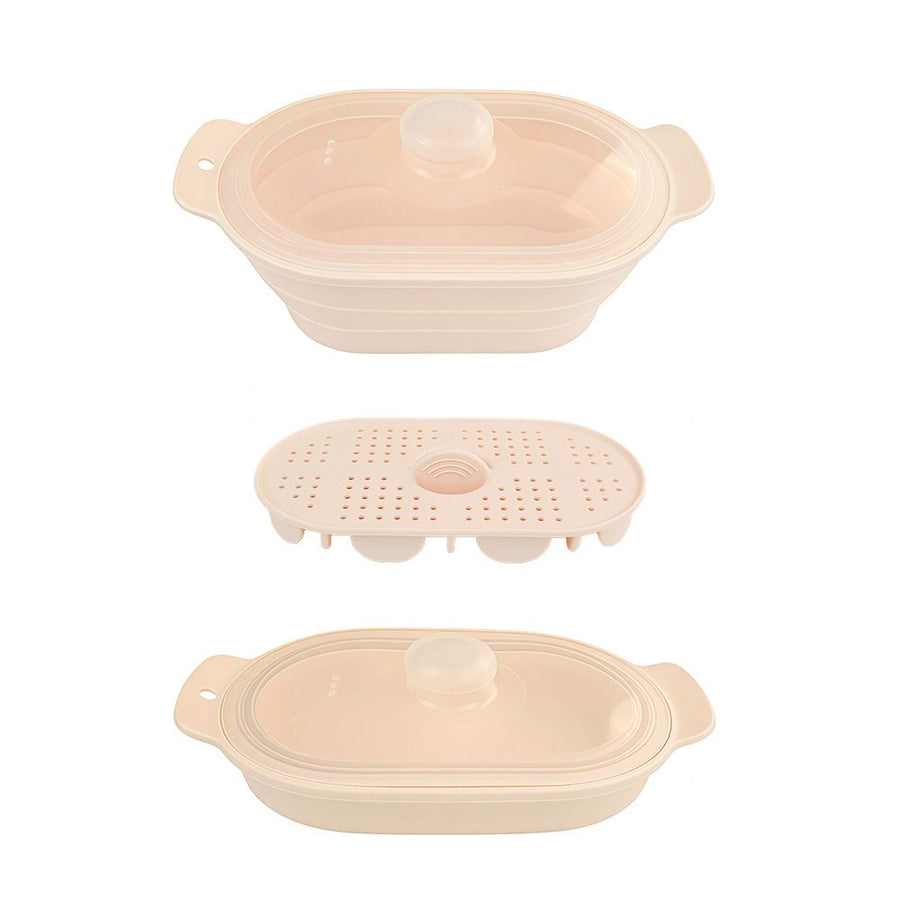 Foldable Food-Grade Silicone Steamer Pot with Lid and Steamer Rack – Space-Saving Collapsible Cookware for Microwave, Air Fryer, Camping, and Outdoor Meals, Available in Round and Rectangular Sizes (Rectangular Style, Green)