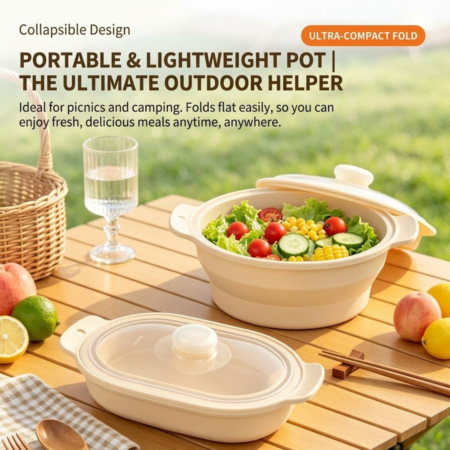 Foldable Food-Grade Silicone Steamer Pot with Lid and Steamer Rack – Space-Saving Collapsible Cookware for Microwave, Air Fryer, Camping, and Outdoor Meals, Available in Round and Rectangular Sizes (Rectangular Style, Grey)