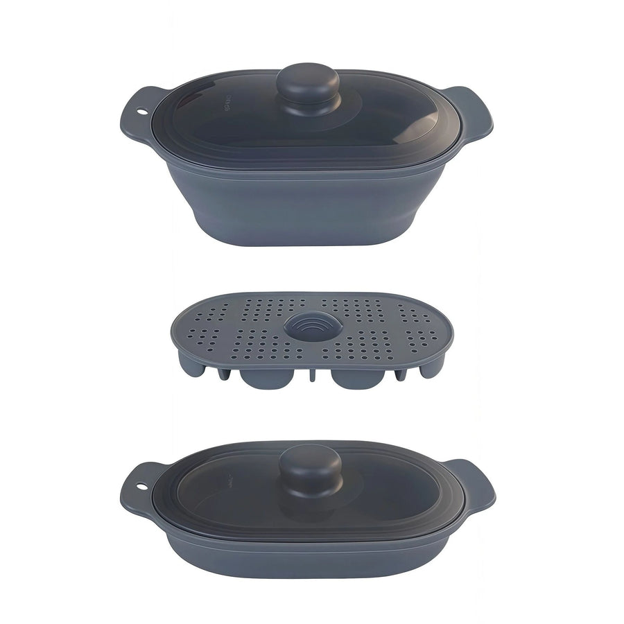 Foldable Food-Grade Silicone Steamer Pot with Lid and Steamer Rack – Space-Saving Collapsible Cookware for Microwave, Air Fryer, Camping, and Outdoor Meals, Available in Round and Rectangular Sizes (Round Style, Grey)