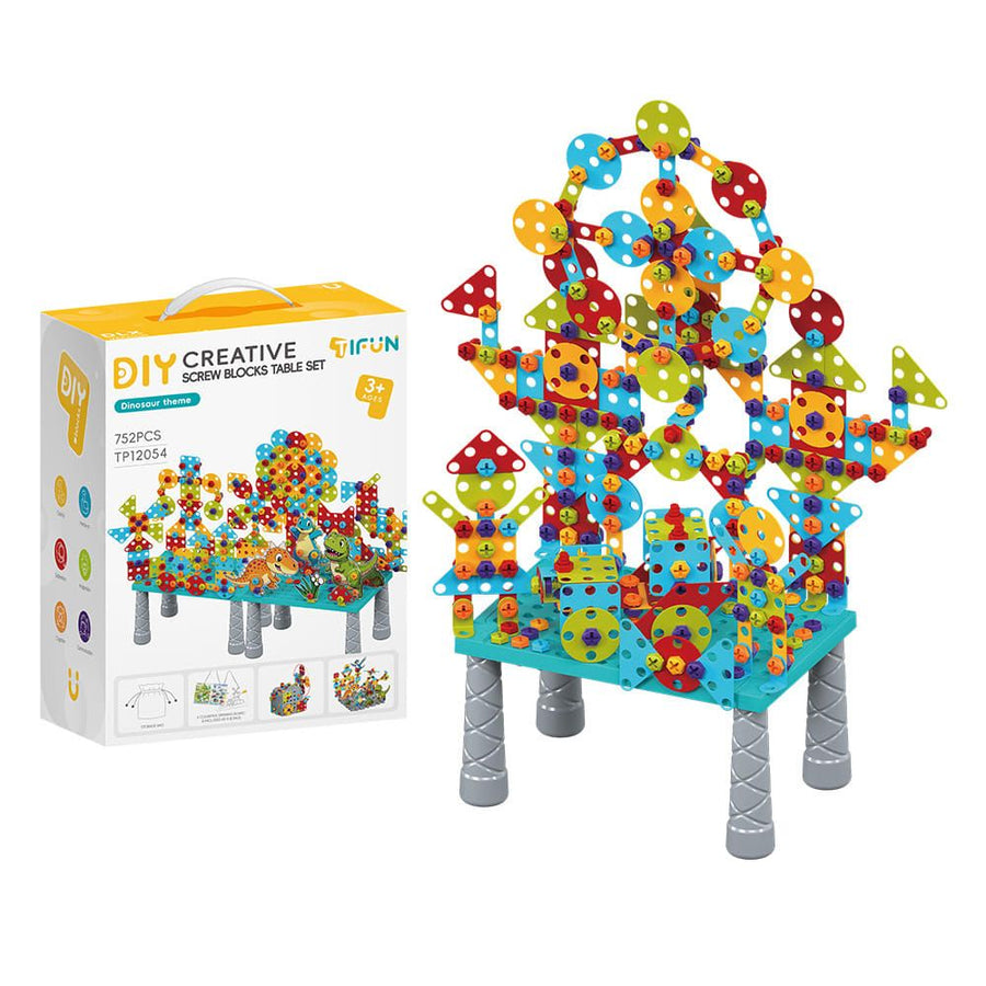 DIY Creative Screw Puzzle Building Block Table Set for Kids Ages 3+ – Educational STEM Toy with Colorful Plastic Pieces, Tools, and Bonus Drawing Board for Home Play and Skill Development (752PCS, Engineering)