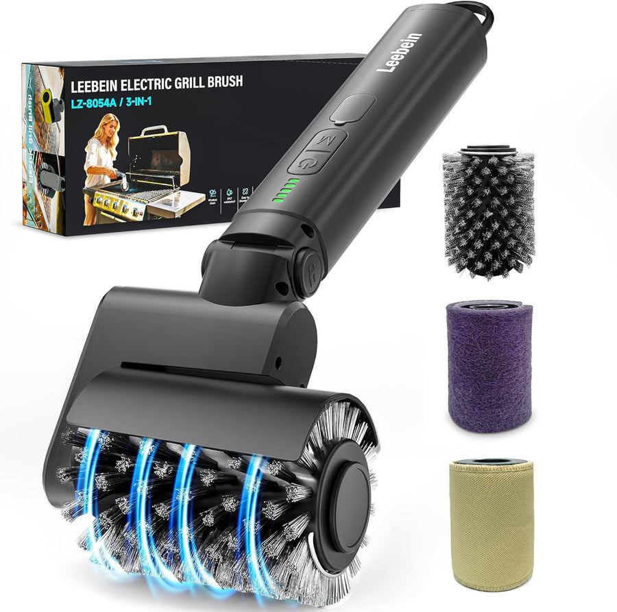 Three-in-One Electric Grill Cleaning Brush with Rechargeable Battery and Three Replaceable Heads for Outdoor Barbecue, Griddle, and Cast Iron Surfaces (Black)