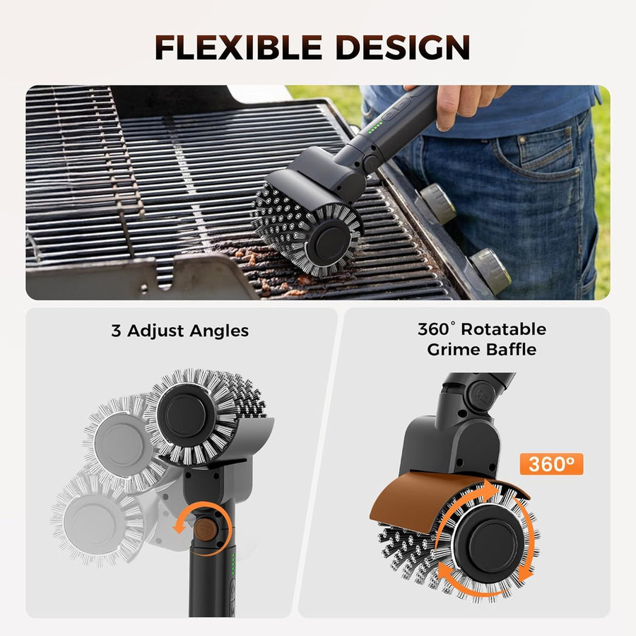 Three-in-One Electric Grill Cleaning Brush with Rechargeable Battery and Three Replaceable Heads for Outdoor Barbecue, Griddle, and Cast Iron Surfaces (Black)