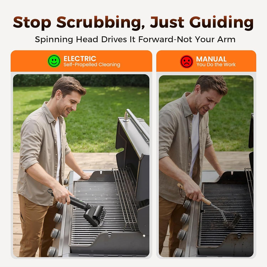 Three-in-One Electric Grill Cleaning Brush with Rechargeable Battery and Three Replaceable Heads for Outdoor Barbecue, Griddle, and Cast Iron Surfaces (Black)