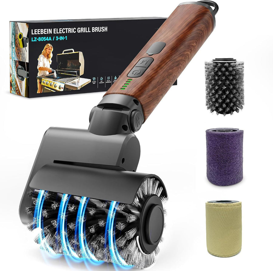 Three-in-One Electric Grill Cleaning Brush with Rechargeable Battery and Three Replaceable Heads for Outdoor Barbecue, Griddle, and Cast Iron Surfaces (Brown)