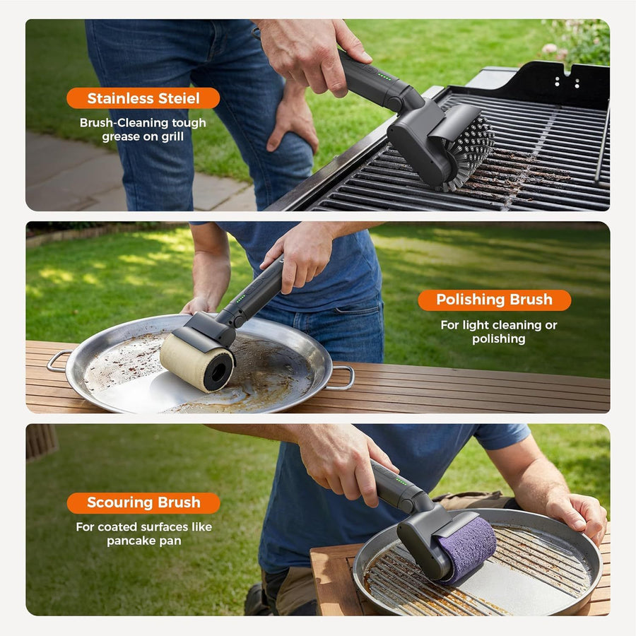 Three-in-One Electric Grill Cleaning Brush with Rechargeable Battery and Three Replaceable Heads for Outdoor Barbecue, Griddle, and Cast Iron Surfaces (Brown)