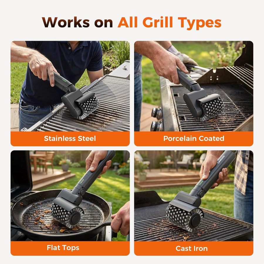 Three-in-One Electric Grill Cleaning Brush with Rechargeable Battery and Three Replaceable Heads for Outdoor Barbecue, Griddle, and Cast Iron Surfaces (Brown)