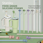 Colorful Food-Grade Silicone Straws Compatible with Stanley Tumbler, Reusable Bendable Drinking Straws with Cute Dust-Proof Cap, Ideal for Everyday Hydration with Lid Cups, Fun and Eco-Friendly Straw Set (Dinosaur style, MultiColor(6PCS))