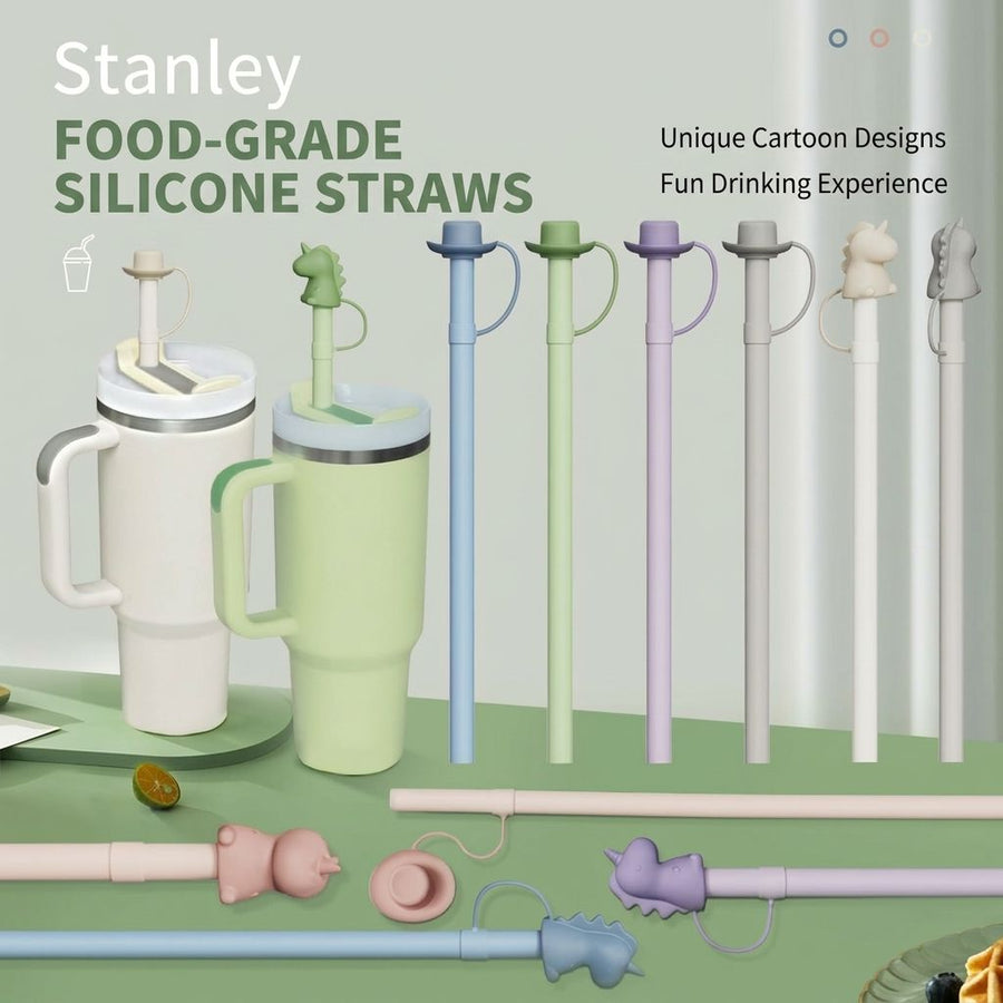Colorful Food-Grade Silicone Straws Compatible with Stanley Tumbler, Reusable Bendable Drinking Straws with Cute Dust-Proof Cap, Ideal for Everyday Hydration with Lid Cups, Fun and Eco-Friendly Straw Set (Dinosaur style, MultiColor(6PCS))