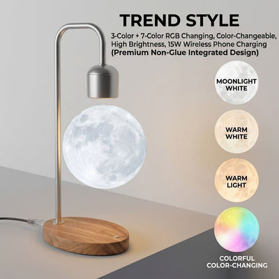 Levitating Moon Lamp with 15W Wireless Charger – 3D Printed Lunar Sphere, Real Wood Base, 3 Ambient Light Modes + 7 RGB Colors, Smart Desk Lamp for Home Office Decor and Gift Giving (Trend,3‑Color+7‑Color RGB,Color‑Changeable,High Bright,15W Wireless Char