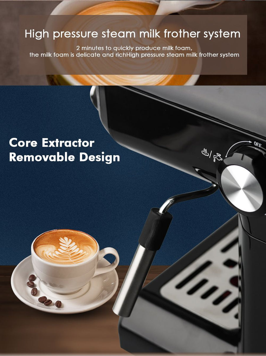 Semi-Automatic Espresso Coffee Machine with Steam Wand for Home and Small Office Use, Dual Cup Extraction, Milk Frother for Cappuccino Latte Macchiato (Black)