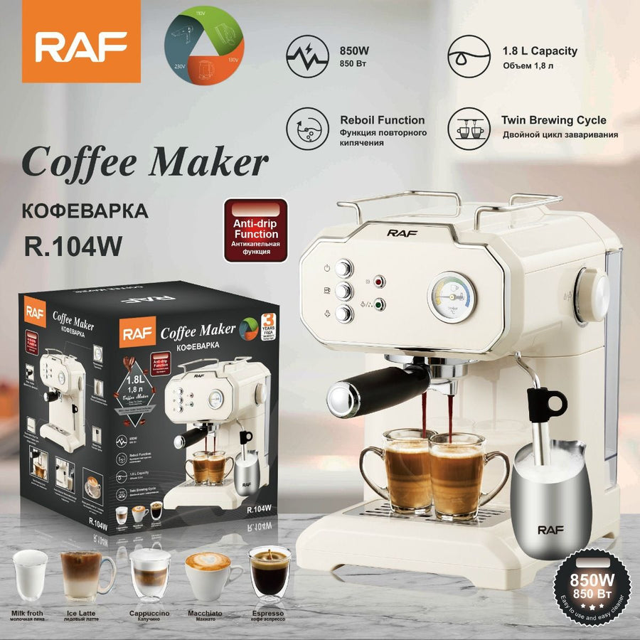 Semi-Automatic Espresso Coffee Machine with Steam Wand for Home and Small Office Use, Dual Cup Extraction, Milk Frother for Cappuccino Latte Macchiato (Ivory)