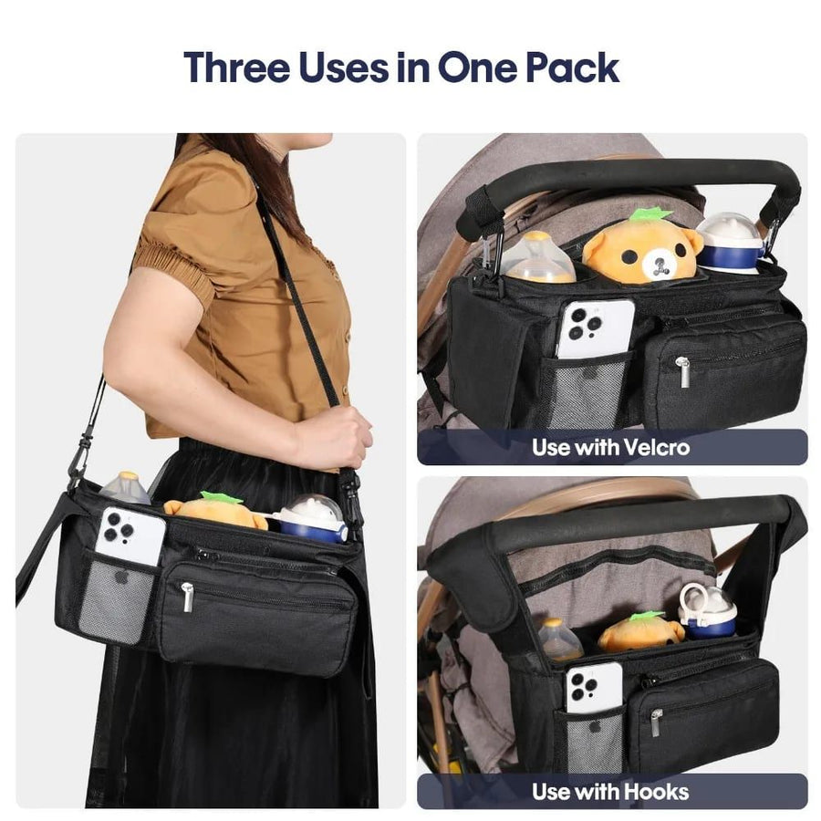 Multifunctional Stroller Organizer Bag – Universal Hanging Storage Pouch with Insulated Bottle Holder, Detachable Pouch, and Adjustable Straps, Doubles as a Crossbody Diaper Bag for On-the-Go Convenience (Avocado Check)