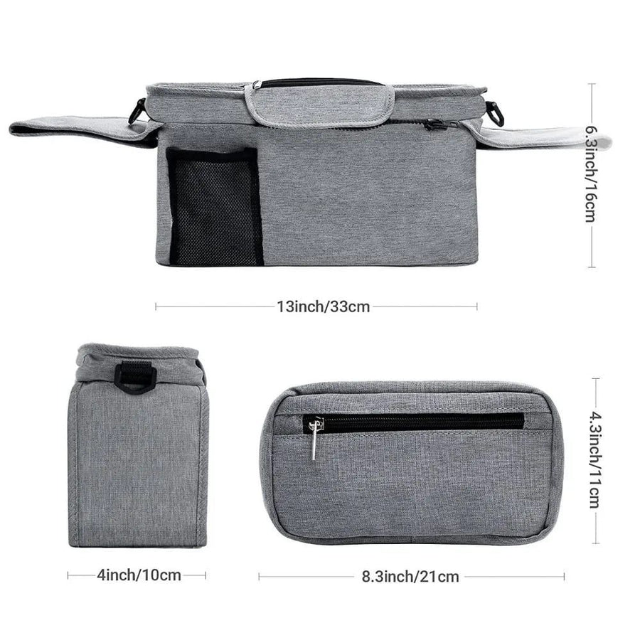 Multifunctional Stroller Organizer Bag – Universal Hanging Storage Pouch with Insulated Bottle Holder, Detachable Pouch, and Adjustable Straps, Doubles as a Crossbody Diaper Bag for On-the-Go Convenience (Grey)