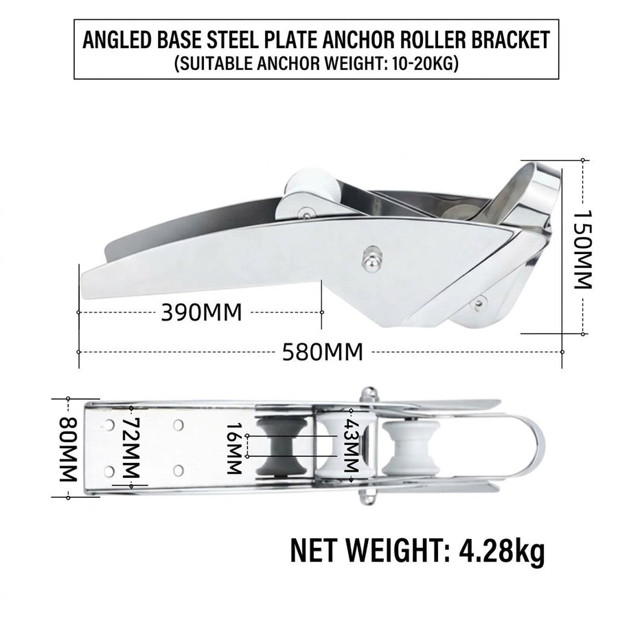 Marine Grade Stainless Steel Boat Anchor Roller Bracket with Dual Rollers and Anchor Stopper for Bow Mounting, Corrosion Resistant Anchor Retrieval System for Boats and Yachts (Angled Base 10-20KG)