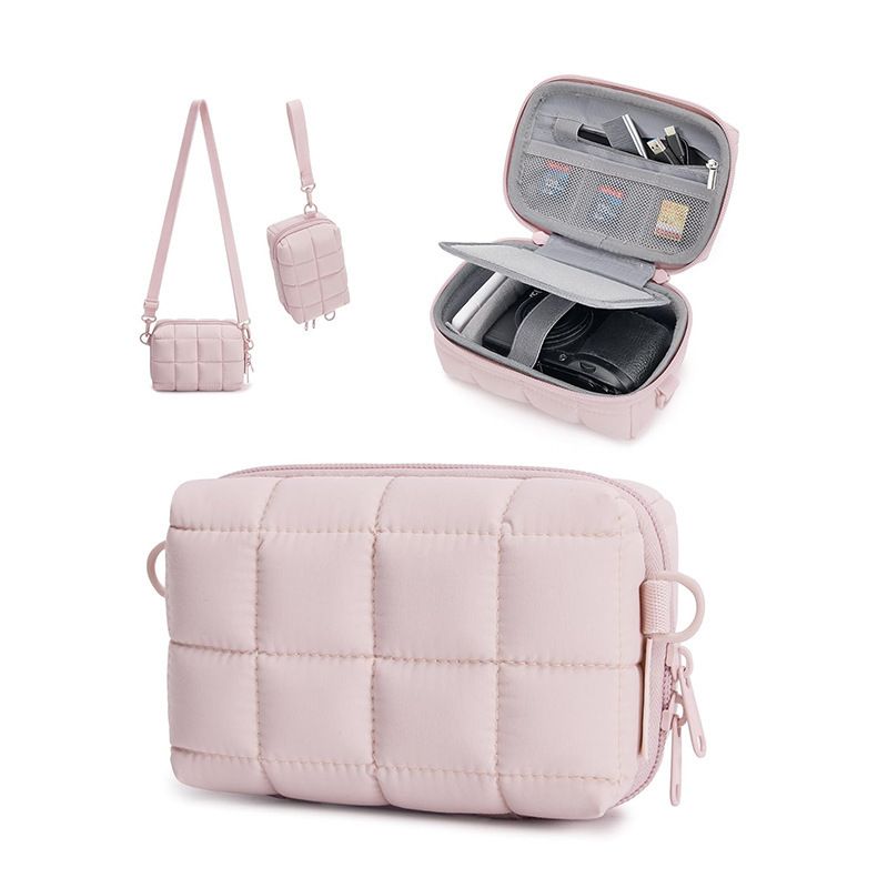 Puffy Puffer Camera Crossbody Bag with Adjustable Shoulder Strap, Shockproof EVA Hard Shell and Soft Lining for Small Digital Cameras, Memory Cards and Daily Essentials (Khaki)