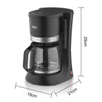 Automatic Drip Coffee Maker with Glass Carafe, Compact 1.2L Capacity, Anti-Drip System, Easy-Clean Design for Home, Office, or Small Kitchen Use, Black Stainless Steel Trim (Black)