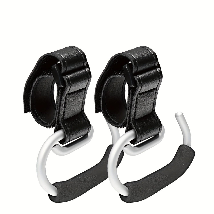 Universal Stroller Hooks with PU Leather Straps – Heavy-Duty Aluminum Baby Stroller Organizer for Hanging Bags, Purses, and Diaper Bags on Stroller Handles or Frames (2PCS（Black）)