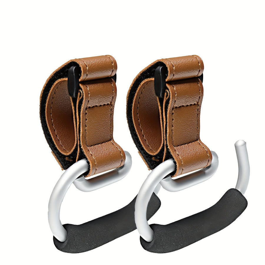 Universal Stroller Hooks with PU Leather Straps – Heavy-Duty Aluminum Baby Stroller Organizer for Hanging Bags, Purses, and Diaper Bags on Stroller Handles or Frames (2PCS（Black）)