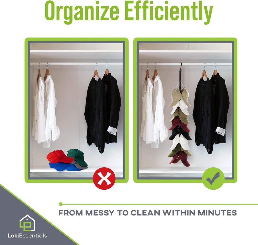 Efficient Hat Organizer with 360° Swivel Hook and Durable Clips for Caps, Hats, and Visors – Space-Saving Wall or Closet Mount Solution for Entryways, Bedrooms, and Wardrobes (16-Clips)