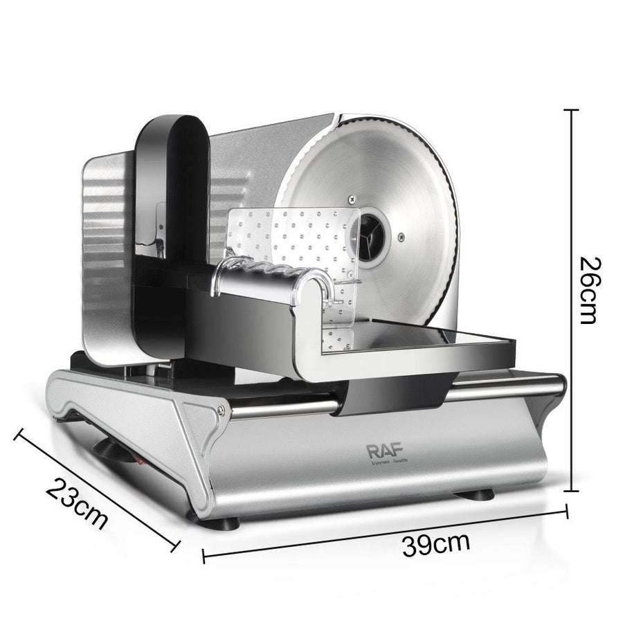 Electric Food Slicer with 190mm Stainless Steel Blade, Adjustable Thickness 0-15mm, Easy-Clean Detachable Design for Home Kitchen and Small Deli Use, Compact 200W Power for Meat, Bread, and Vegetables (Silver)