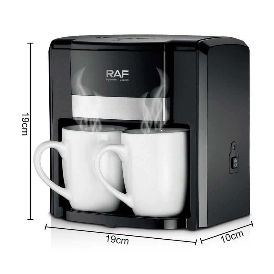 Dual-Cup Drip Coffee Maker with Ceramic Mugs, Compact 420ml Capacity, 650W Fast Brewing for Espresso, Cappuccino, and Latte at Home or Small Office (Black)