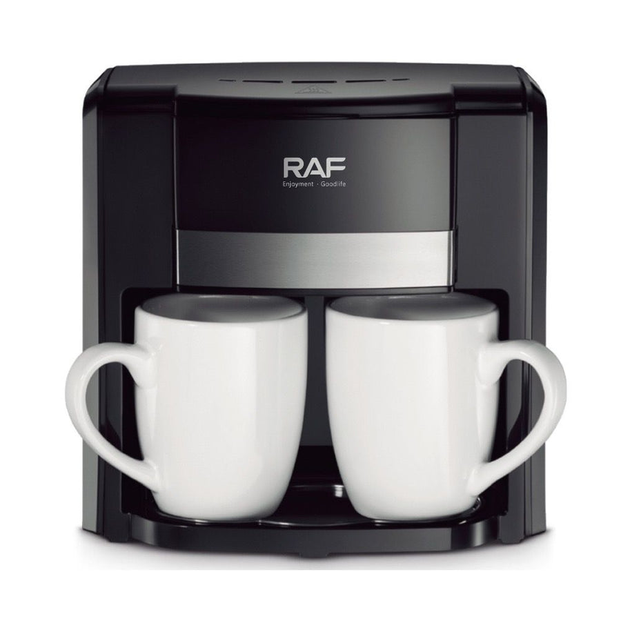 Dual-Cup Drip Coffee Maker with Ceramic Mugs, Compact 420ml Capacity, 650W Fast Brewing for Espresso, Cappuccino, and Latte at Home or Small Office (Black)