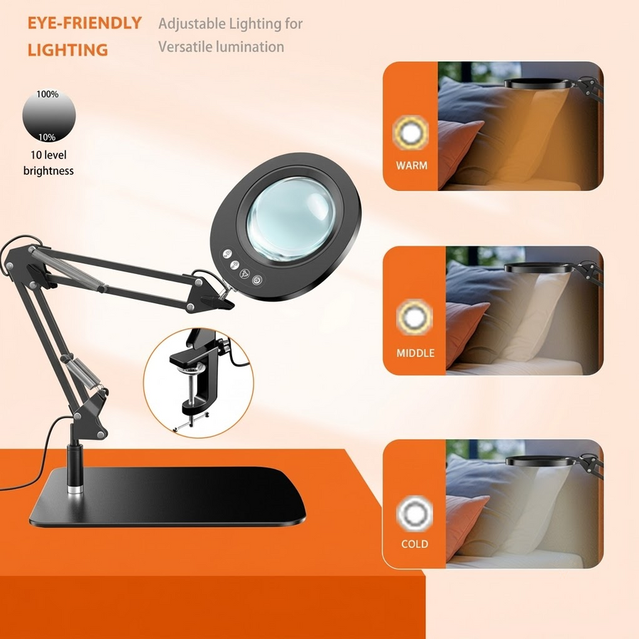 Professional 10X Magnifying Desk Lamp with Adjustable Swing Arm, 5 Color Modes & 10 Brightness Levels LED Light, Perfect for Reading, Precision Repairs, Crafts, Sewing, Beauty Tasks and More (Round Base)