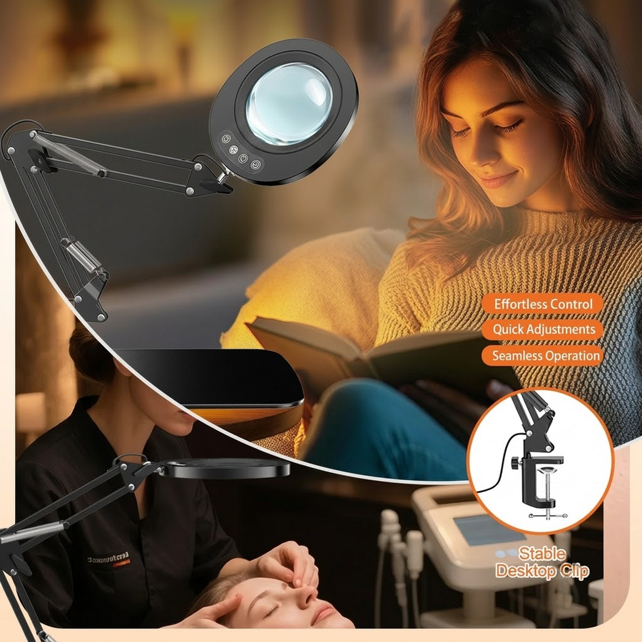 Professional 10X Magnifying Desk Lamp with Adjustable Swing Arm, 5 Color Modes & 10 Brightness Levels LED Light, Perfect for Reading, Precision Repairs, Crafts, Sewing, Beauty Tasks and More (Round Base)