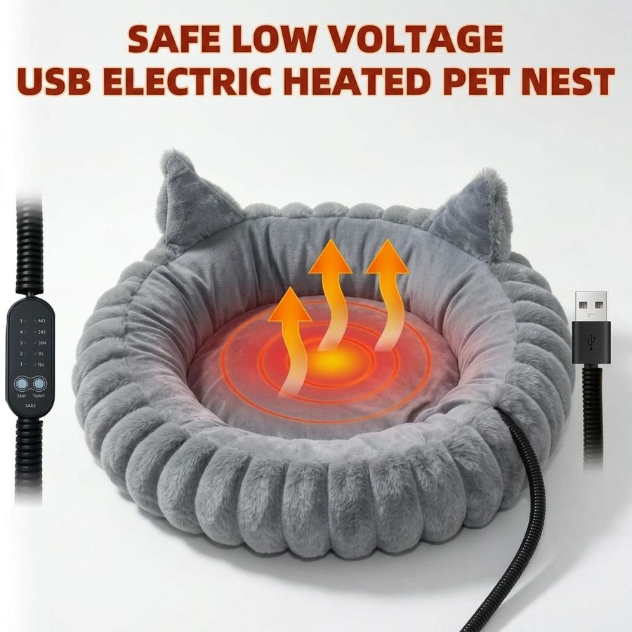 USB-Powered Heated Pet Bed with Plush Fur, Adjustable Thermostat & Timer, Foldable Round Cat Cave for Small Dogs, Kittens, and Rabbits – Cozy Winter Warmth for Home, Floor, Bed, or Car Travel (Grey)