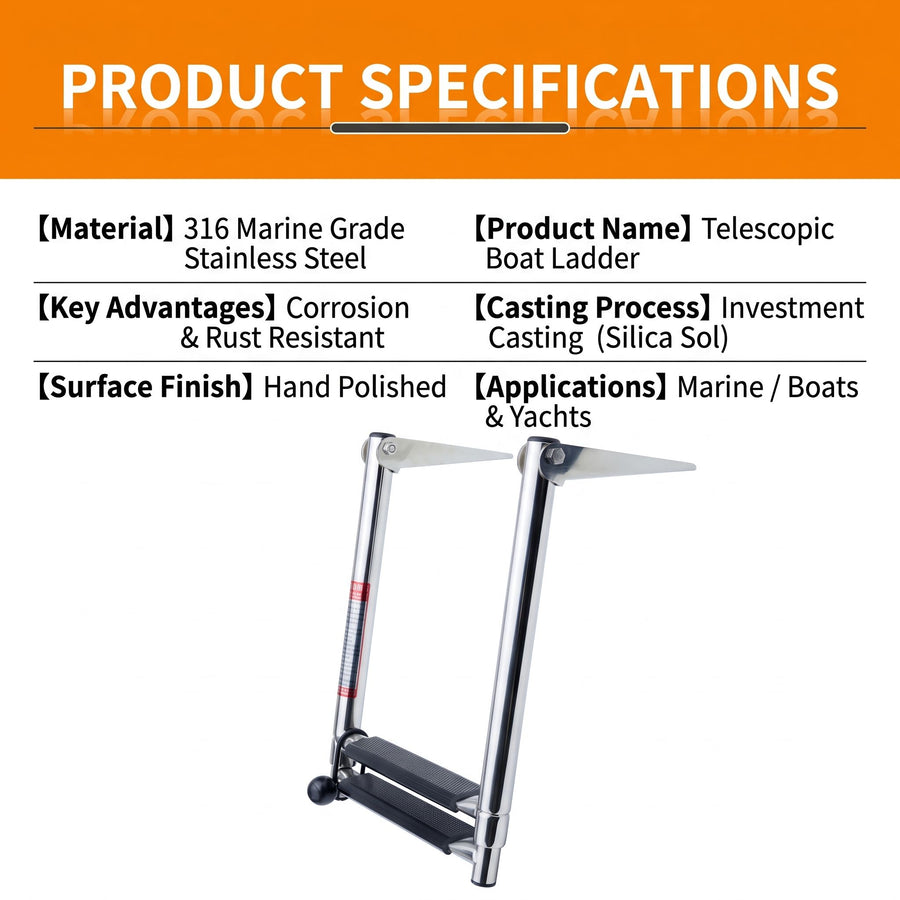 Telescoping Marine Ladder with 316 Stainless Steel Frame and Anti-Slip Steps for Boats, Yachts, Docks, and Watercraft Boarding (4-Step)