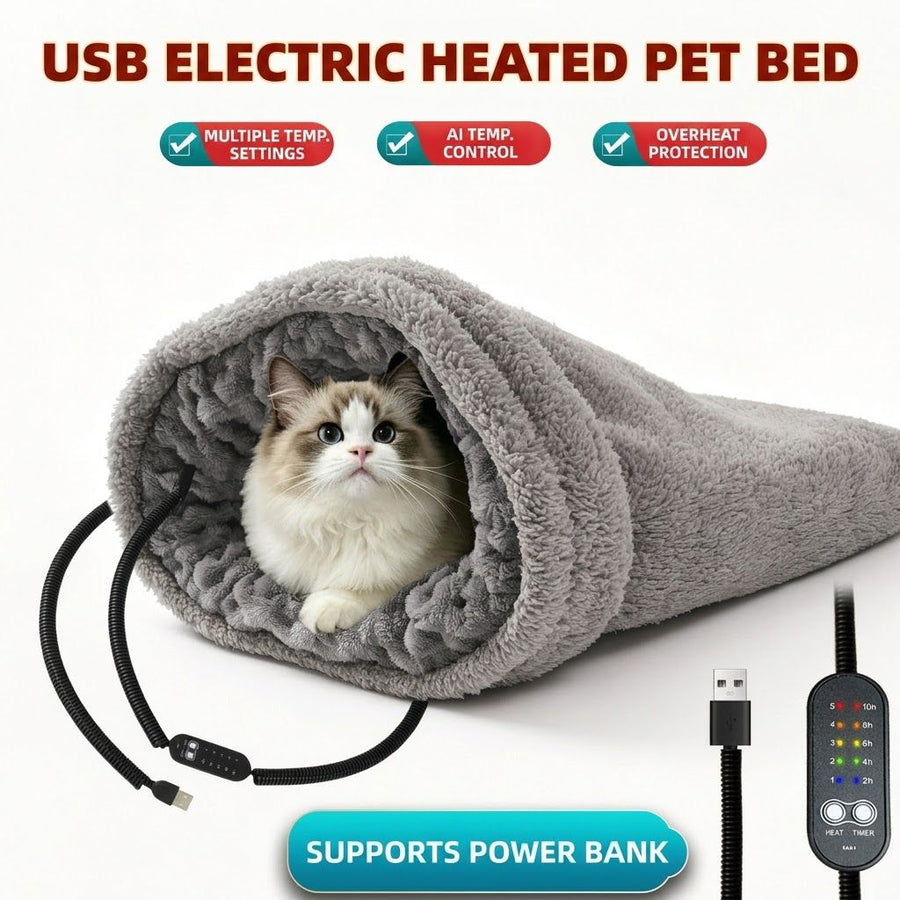Heated Pet Bed with USB Power, Foldable Cat Dog Sleeping Bag with Soft Fleece, Adjustable Temperature Control and Timer, Ideal for Travel and Home Use (Grey)