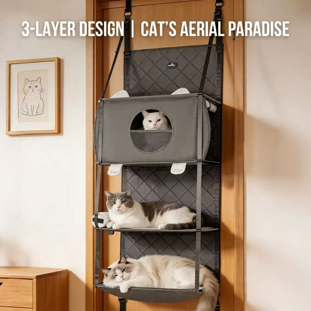 Space-Saving Door Hanging Cat Shelves with Cozy Enclosed Condo and Open Lounging Platforms, a Four-Tier Vertical Climbing Haven for Multi-Cat Households to Rest, Play, and Watch the World from Above (Grey)