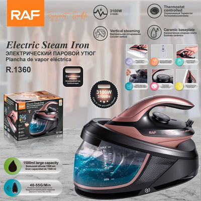 Split-Type Electric Steam Iron with Ceramic Soleplate and 1.5L Water Tank for Home Garment Steaming and Vertical Ironing of Silk Wool and Delicate Fabrics (RoseGold)
