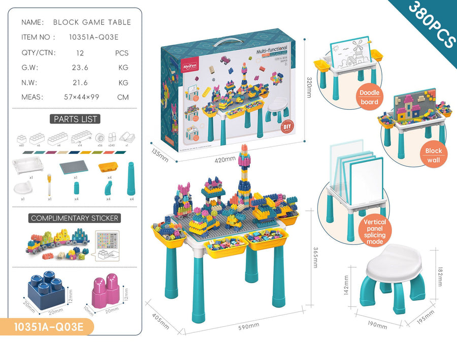 Multifunctional Kids Building Block Table Set with Storage, Compatible with 3-6 Year Olds, Includes Chair and 88-380PCS Colorful Bricks, Ideal for Learning, Drawing, Sand & Water Play (300PCS)