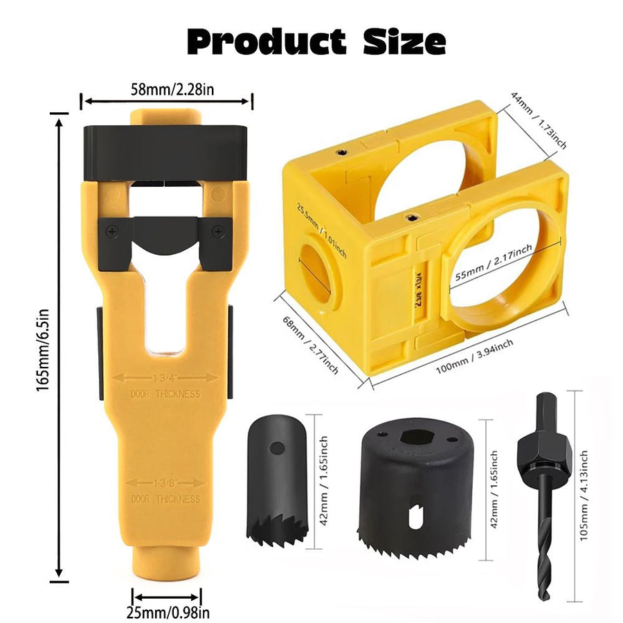 Door Lock and Latch Installation Tool Kit with Hole Saw, Mortise Template and Chisel Guide for Wooden Door Hardware Fitting and Precise Drilling Alignment (Yellow)