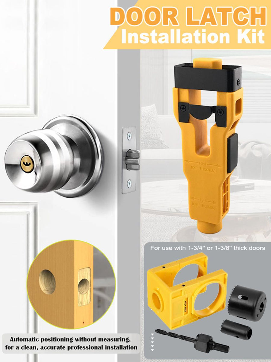 Door Lock and Latch Installation Tool Kit with Hole Saw, Mortise Template and Chisel Guide for Wooden Door Hardware Fitting and Precise Drilling Alignment (Yellow)