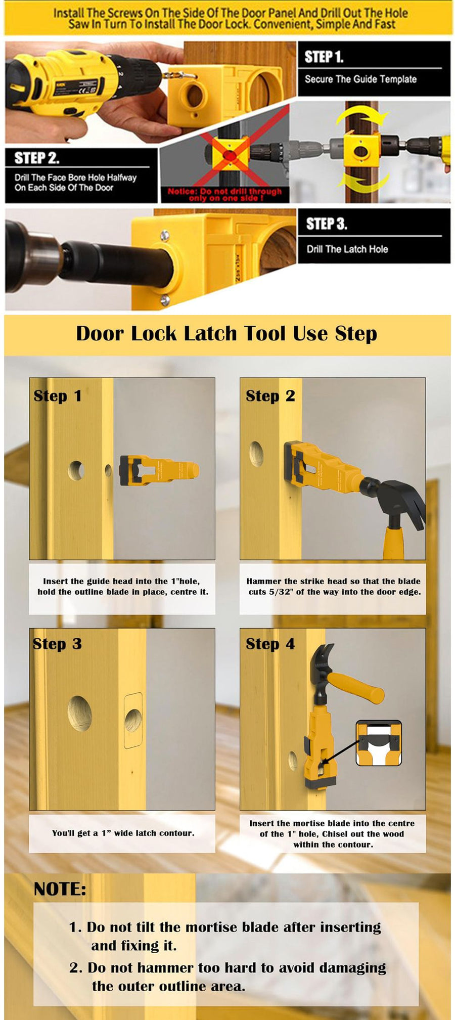 Door Lock and Latch Installation Tool Kit with Hole Saw, Mortise Template and Chisel Guide for Wooden Door Hardware Fitting and Precise Drilling Alignment (Yellow)