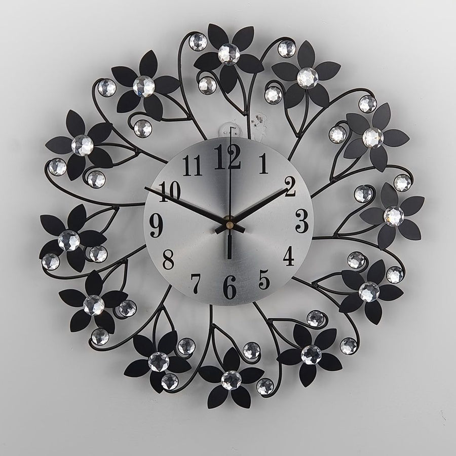 Black Blue Floral Wall Clock Crystal Wall Clock Silent Wall Clock Home Decor Clock Elegant