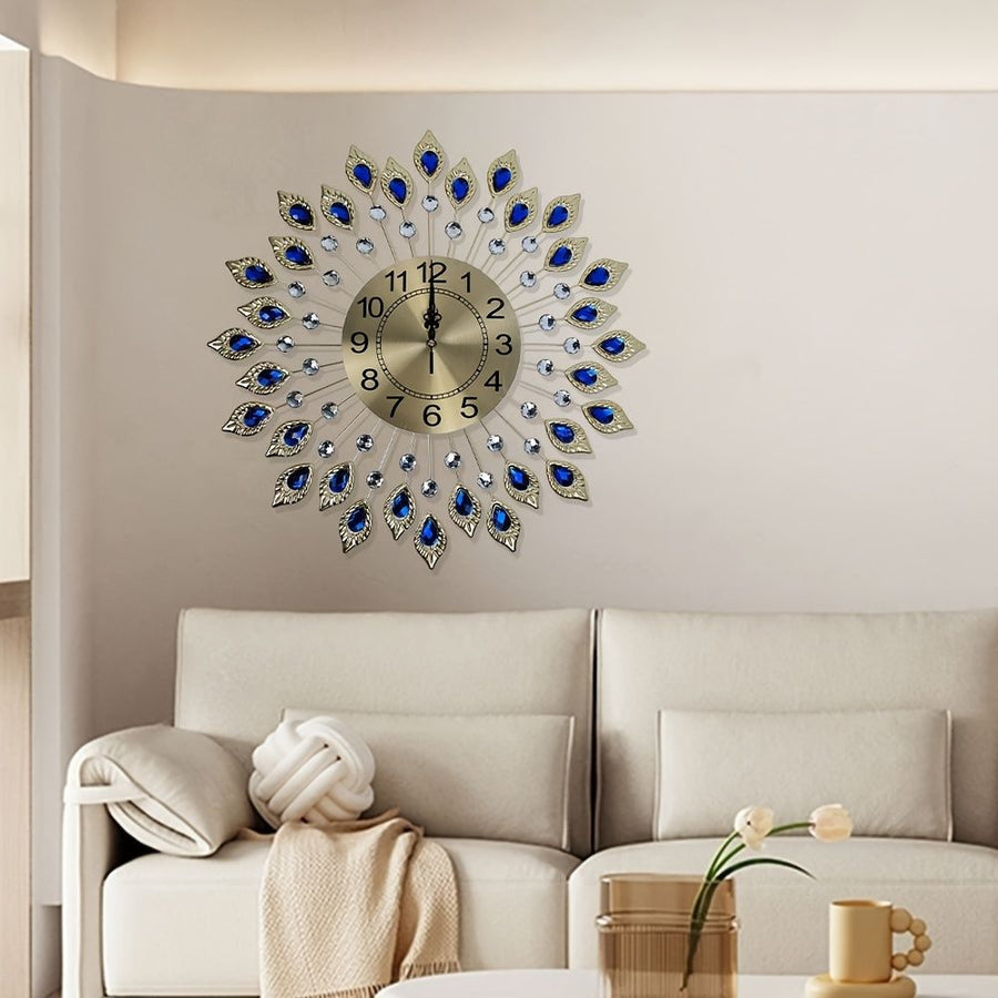 Blue Silver Peacock Wall Clock Crystal Wall Clock Home Decor Clock Large Wall Clock